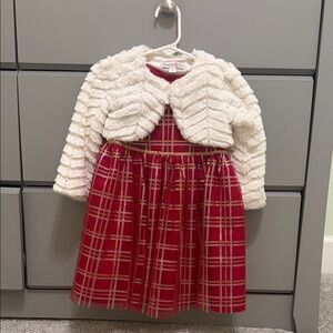 Toddler Plaid Holiday Dress with Faux Fur Cardigan